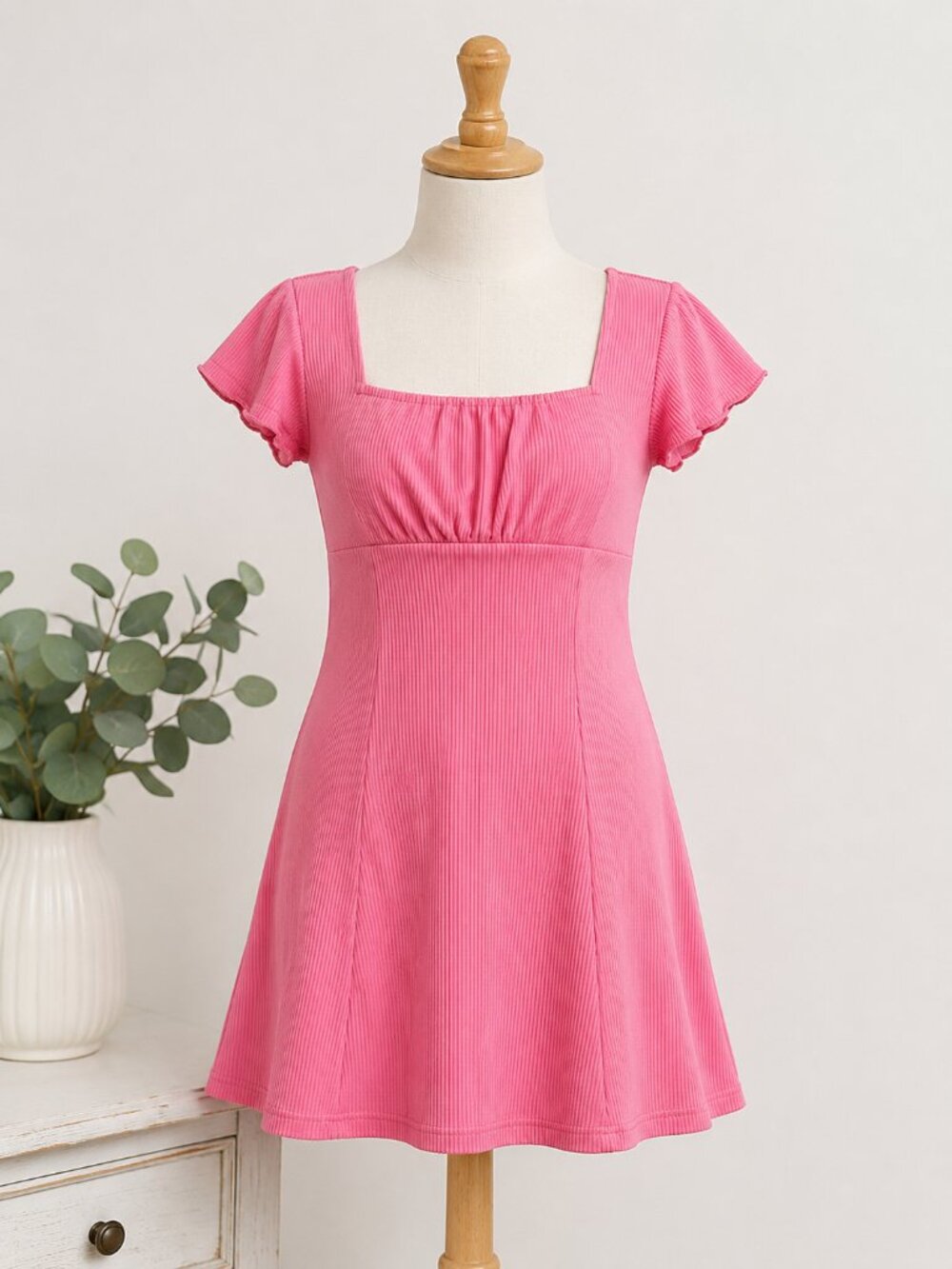 Art Class Dress Girls Size 8 Pink Ribbed Square Neck Short Sleeve A-Line Casual